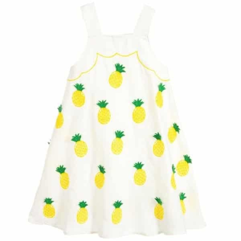 Stella McCartney girl dress. White linen. Embroidered pineapples. Size 6.
